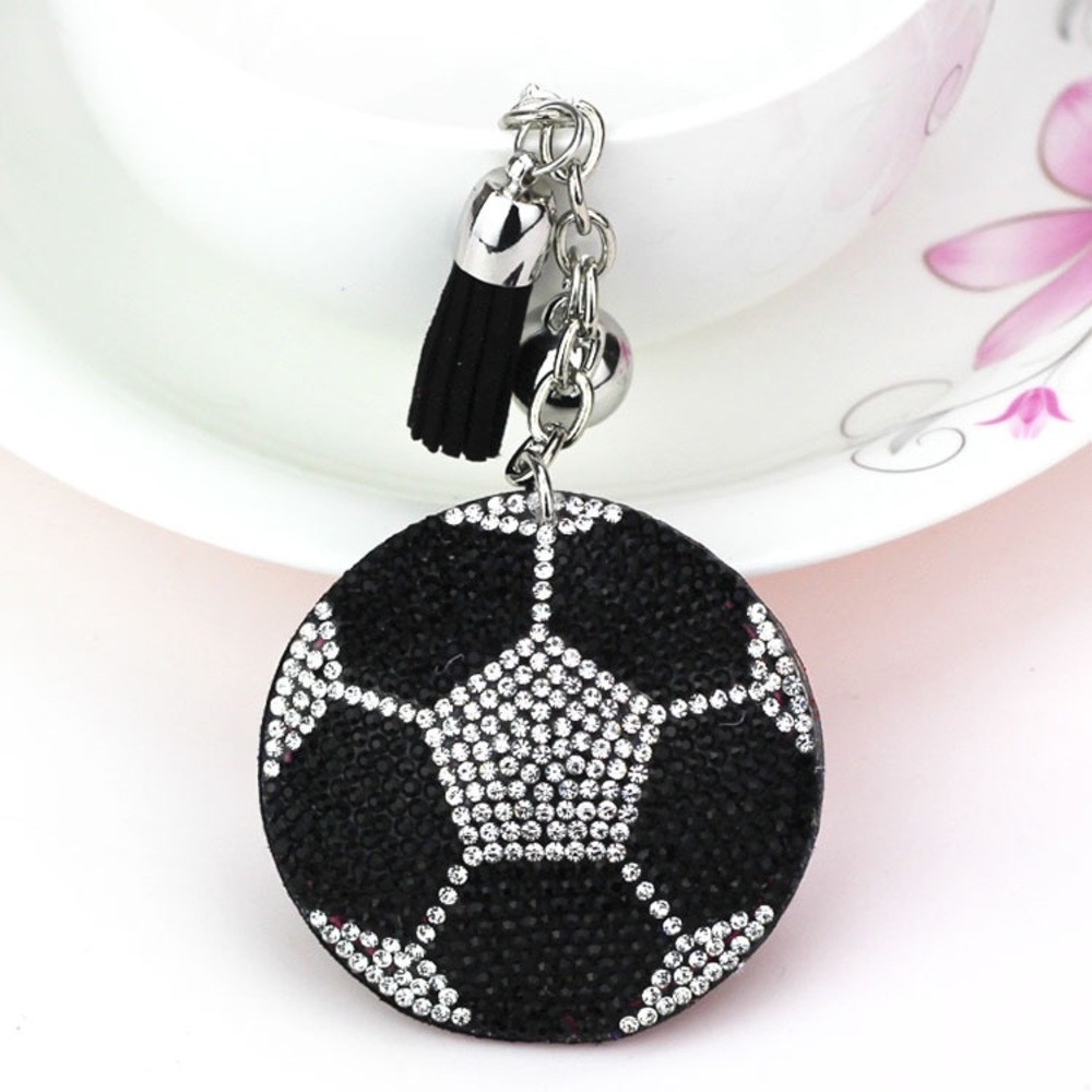 Black & Silver Rhinestone Soccer Ball Keychain with Tassel